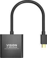 Adaptador de Mini DisplayPort a VGA para instalación profesional VISION - GARANTÍA DE POR VIDA - resolución máxima 1920 x 1080 - no convierte VGA a DP - hotplug - mDP (M) a VGA (F) - diámetro exterior 5,5 mm - 32 AWG - longitud total 220 mm - negro