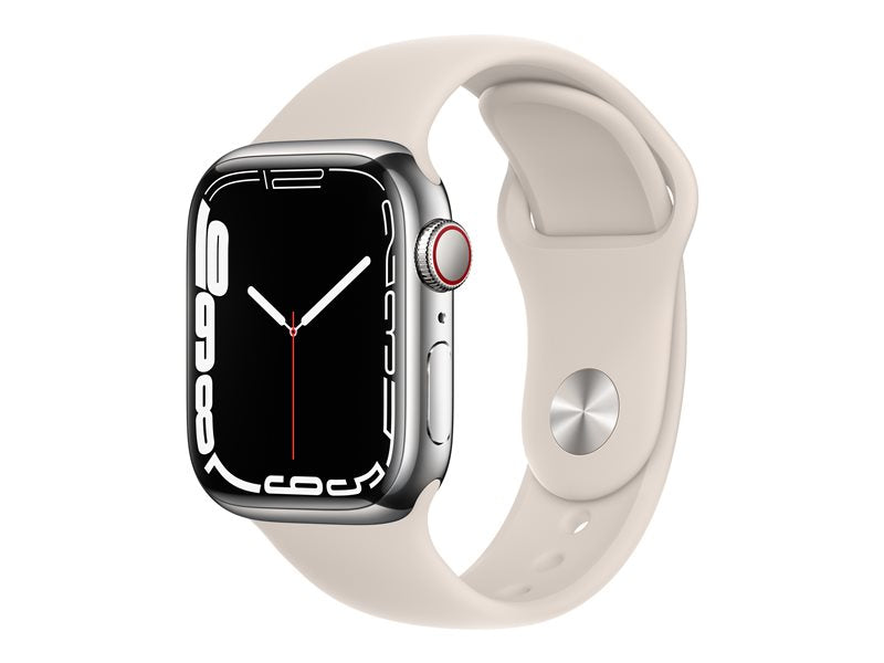 Apple Watch Series 7 GPS + Cellular, caja de acero inoxidable plateada de 41 mm y correa deportiva Starlight - Estándar