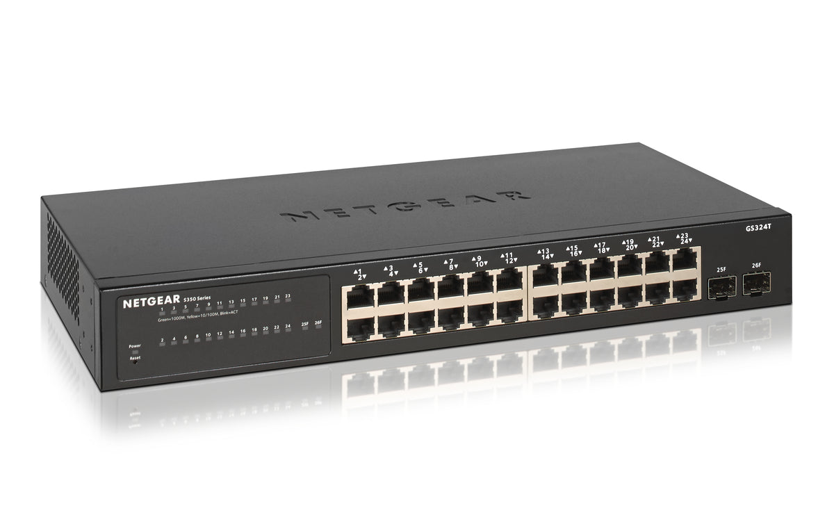 NETGEAR Smart GS324T - Interruptor - inteligente - 24 x 10/100/1000 + 2 x SFP - desktop, montável em trilho