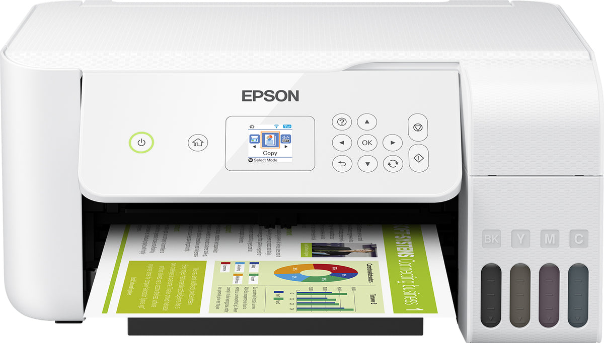 Epson EcoTank ET-2726 - Impresora multifunción - Color - Inyección de tinta - Recargable - A4/Legal (Medios) - Hasta 10 ppm (Impresión) - USB, Wi-Fi - Blanco