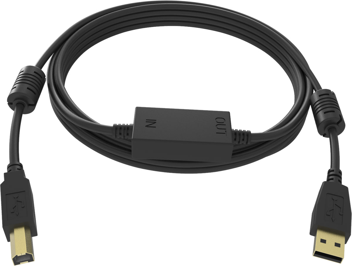 VISION Professional installation-grade USB 2.0 active cable - LIFETIME WARRANTY - in-line booster half way along cable - gold plated connectors - ferrite cores both ends - bandwidth 480mbit/s - USB-A (M) to USB-B (M) - diameter 4.8 mm - 28+24 AWG - 1