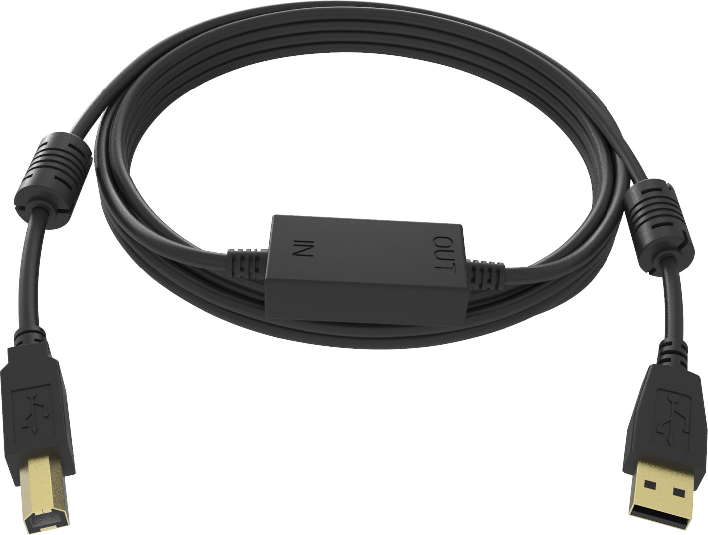 VISION Professional installation-grade USB 2.0 active cable - LIFETIME WARRANTY - in-line booster half way along cable - gold plated connectors - ferrite cores both ends - bandwidth 480mbit/s - USB-A (M) to USB-B (M) - diameter 4.8 mm - 28+24 AWG - 1