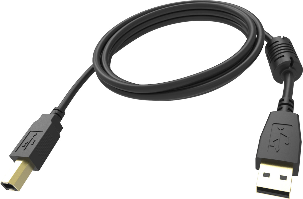 VISION Professional installation-grade USB 2.0 cable - LIFETIME WARRANTY - gold plated connectors - ferrite core on A end - bandwidth 480mbit/s - over 65% coverage braided shield - USB-A (M) to USB-B (M) - outer diameter 4.8 mm - 28+24 AWG - 3 m - bl