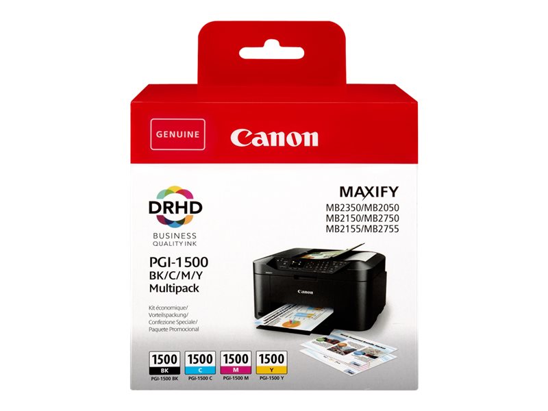 Canon PGI-1500 BK/C/M/Y Multipack - Pack de 4 - Negro, Amarillo, Cian, Magenta - Original - Tanque de tinta - para MAXIFY MB2050, MB2150, MB2155, MB2350, MB2750, MB2755 (9218B005)