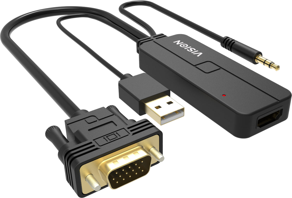 VISION Professional installation-grade VGA and Minijack to HDMI adapter - LIFETIME WARRANTY - max resolution 1920 x 1080 - does not convert HDMI to VGA - VGA (M) and Minijack (M) to HDMI (F) - minijack cable 120 mm - power via USB cable 120 mm - VGA