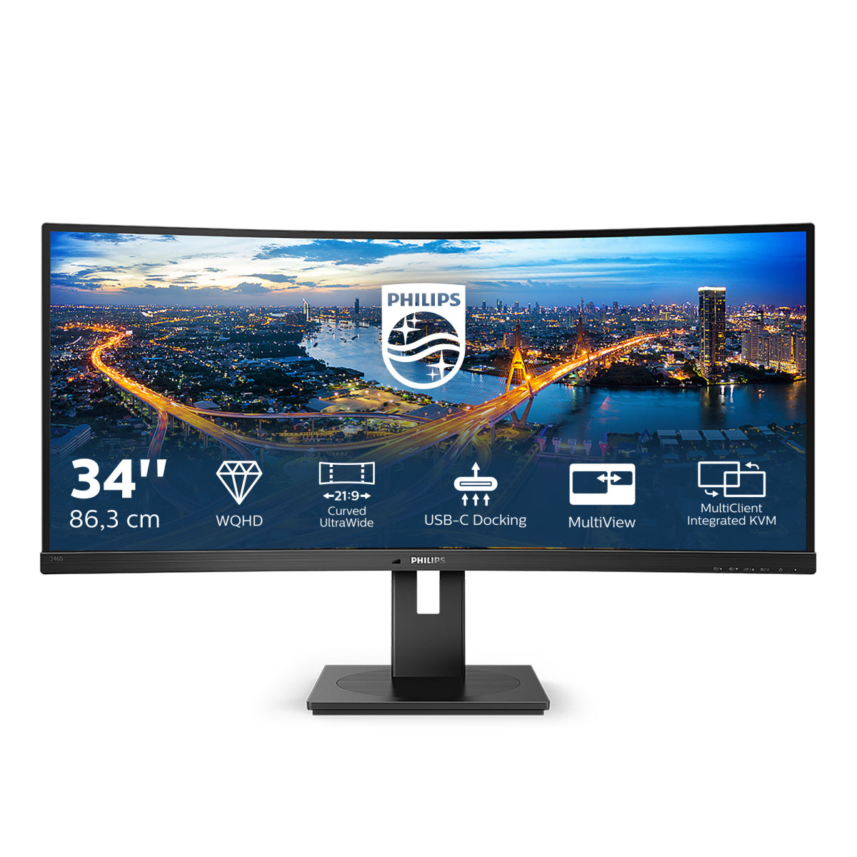 Philips B Line 346B1C - Monitor LED - curvo - 34" - 3440 x 1440 UWQHD @ 100 Hz - VA - 300 cd/m² - 3000:1 - 5 ms - HDMI, DisplayPort, USB-C - altavoces - textura negra - para exone go Business 1570 II, go Expert 1775, go Workstation 1575, go+ Busin