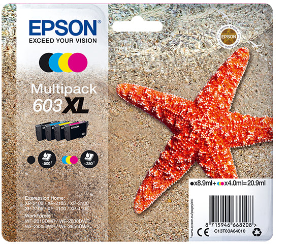 Epson 603XL Multipack - Pack de 4 - XL - Negro, Amarillo, Cian, Magenta - Genuino - Blíster - Cartucho de tinta - para Expression Home XP-2150, 2155, 3150, 3155, 4150, 4155, WorkForce WF-2820, 2840, 2845 , 2870