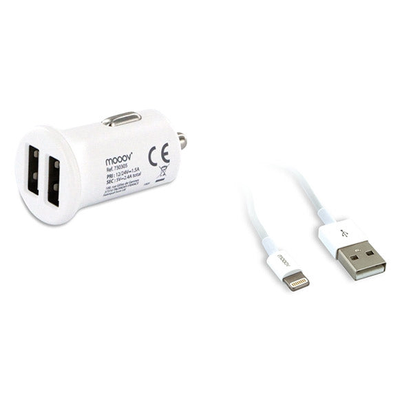 MOOOV 2.4A WHITE CAR CHARGER + 1M LIGHTNING CABLE