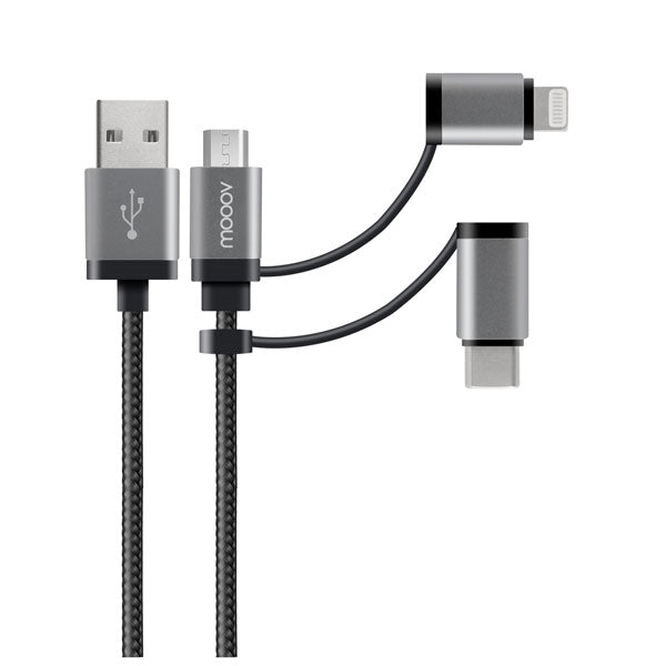 CABLE MOOOV USB-A 3-EN-1 MFI/USB-C/MICRO-USB REFORZADO ULTIMATE 1 M NEGRO