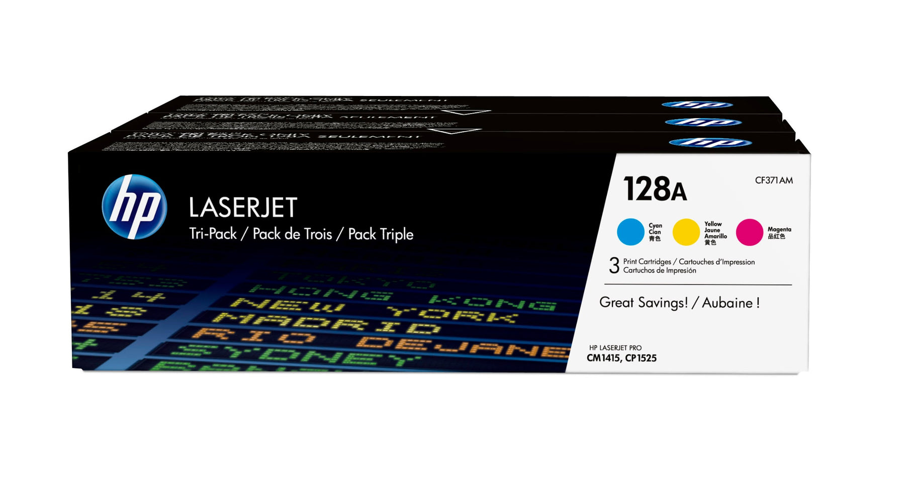 HP 128A - Pack of 3 - Yellow, Cyan, Magenta - Genuine - LaserJet - Toner Cartridge (CF371AM) - for Color LaserJet Pro CP1525n, CP1525nw, LaserJet Pro CM1415fn, CM1415fnw