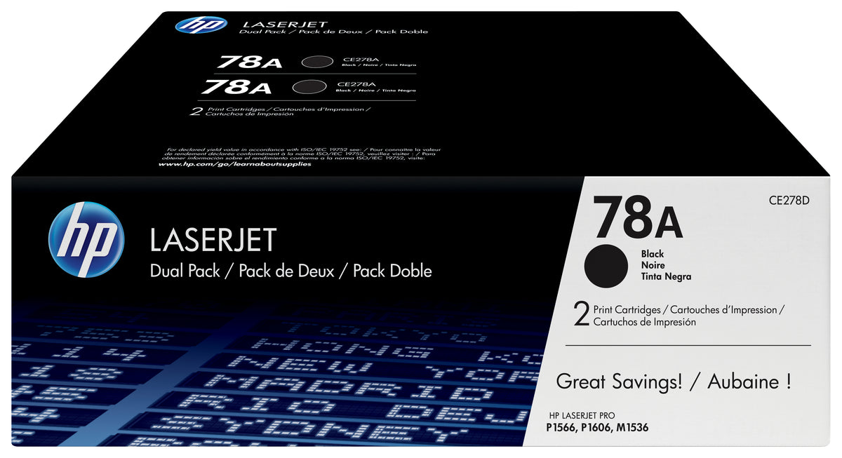 HP 78A - Pack of 2 - Black - Genuine - LaserJet - Toner Cartridge (CE278AD) - for LaserJet Pro M1536dnf, P1566, P1606DN, P1607dn, P1608dn, P1609dn