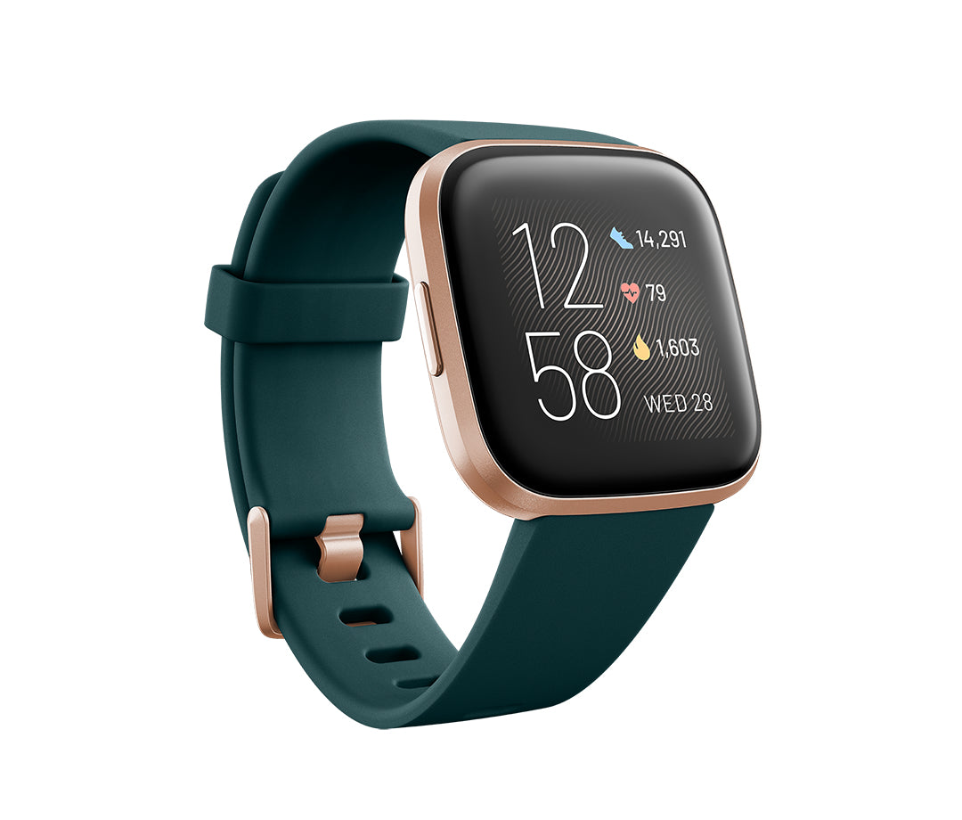 Fitbit Versa 2 - Cobre rosa - relógio inteligente Com banda - silicone - esmeralda - Wi-Fi, NFC, Bluetooth - 40 g