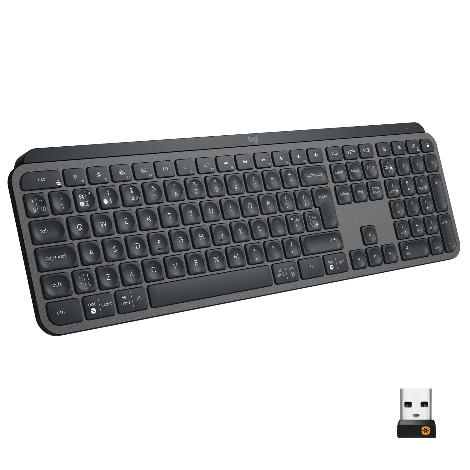 Logitech MX Keys - Teclado - retroiluminação - Bluetooth, 2.4 GHz - QWERTY - Padrão internacional americano - grafite