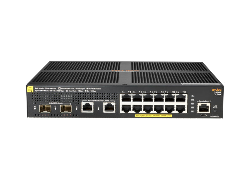 HPE Aruba 2930F 12G PoE+ 2G/2SFP+ - Conmutador - L3 - Gestionado - 12 x 10/100/1000 (PoE+) + 2 x 1 Gigabit/10 Gigabit SFP+ (enlace ascendente) + 2 x 10/100/1000 - montaje en riel - PoE+ (139W)