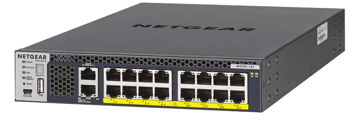 NETGEAR M4300-16X - Interruptor - L3 - Administrado - 16 x 100/1000/2.5G/5G/10GBase-T (PoE+) - montável em trilho - PoE+ (500 W)