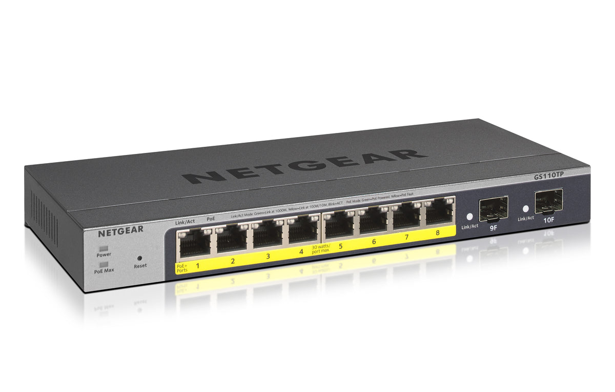 NETGEAR Smart GS110TPv3 - Interruptor - inteligente - 8 x 10/100/1000 (PoE) + 2 x SFP - desktop, montável na parede - PoE+ (55 W) - alimentação DC