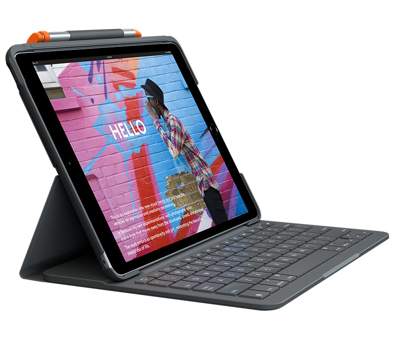 Logitech Slim Folio - Teclado e pasta de folio - Bluetooth - QWERTY - Espanhol - grafite - para Apple 10.2-inch iPad (7ª geração, 8ª geração)