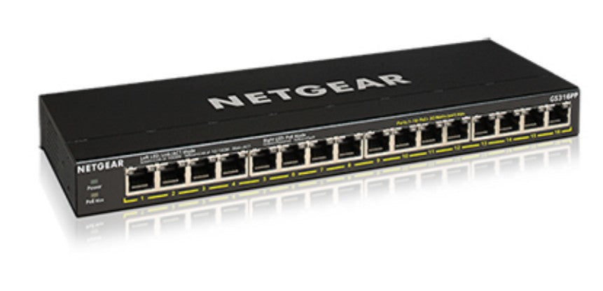 NETGEAR GS316PP - Interruptor - sem gestão - 16 x 10/100/1000 (PoE+) - desktop, montável na parede - PoE+ (183 W)