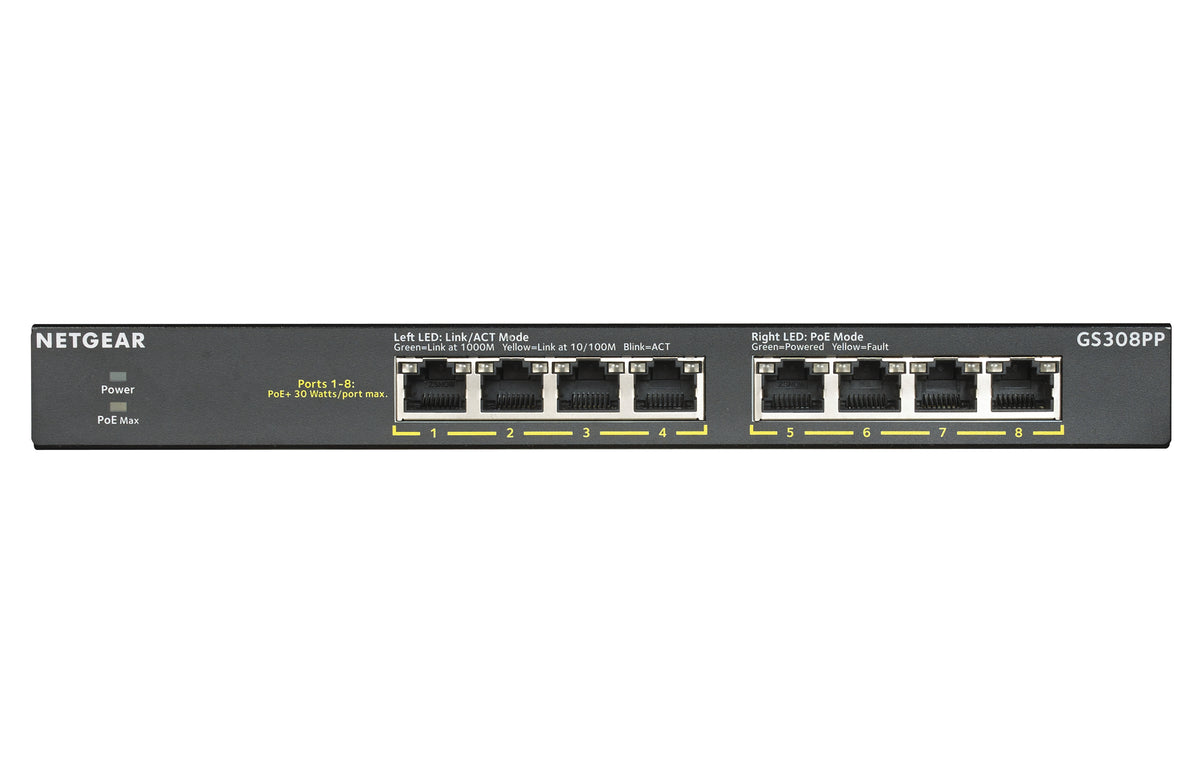 NETGEAR GS308PP - Conmutador - sin gestión - 8 x 10/100/1000 (PoE+) - escritorio, montaje en pared - PoE+ (83 W) - Alimentación CC