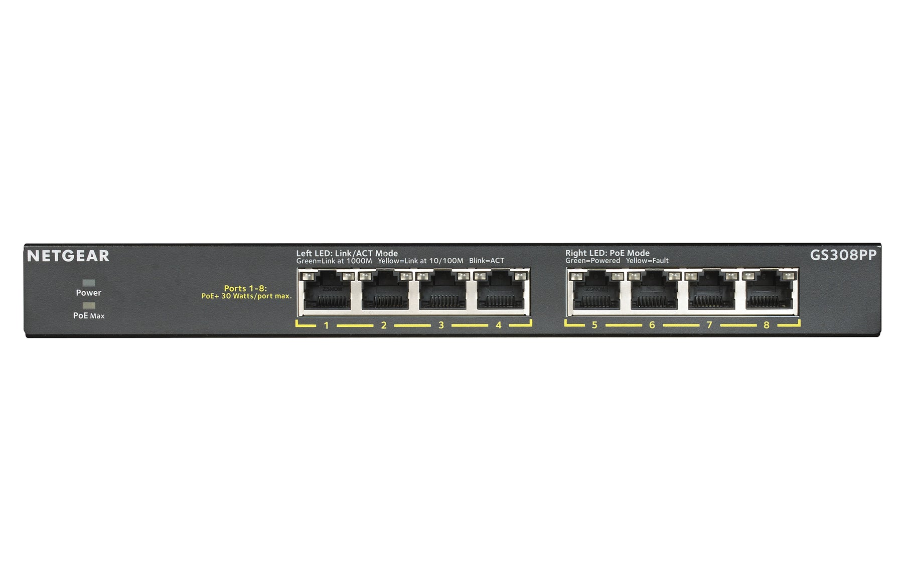 NETGEAR GS308PP - Interruptor - sem gestão - 8 x 10/100/1000 (PoE+) - desktop, montável na parede - PoE+ (83 W) - alimentação DC