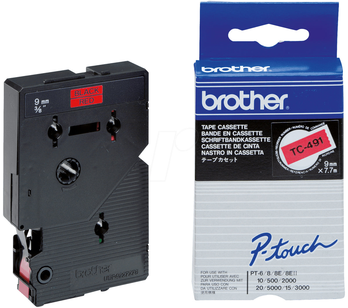 Brother - Negro sobre rojo - Rollo (0,9 cm) Cinta laminada - para P-Touch PT-2000, PT-3000, PT-500, PT-5000, PT-8