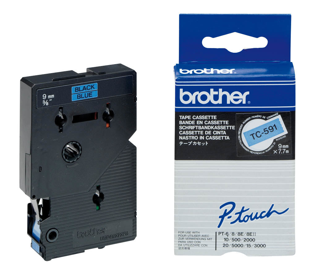 Brother TC591 - 9 mm x negro sobre azul - Cinta laminada - para P-Touch PT-2000, PT-3000, PT-500, PT-5000, PT-8E