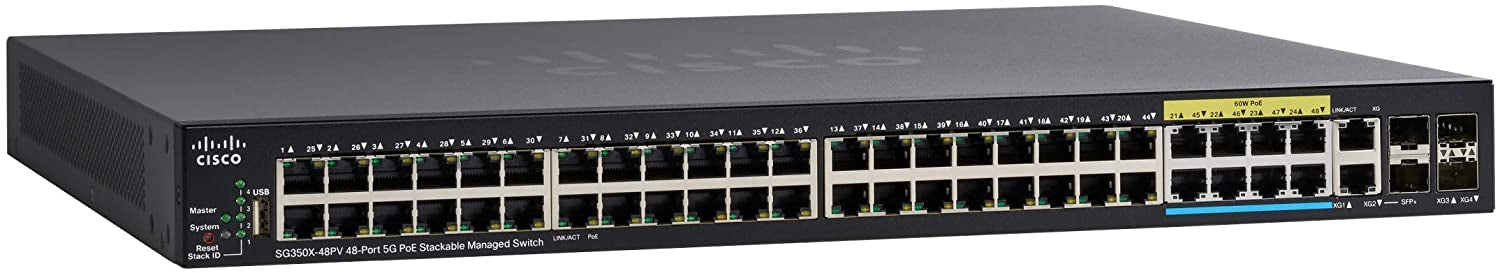 Cisco Small Business SG350X-48PV - Switch - Administrado - 40 x 10/100/1000 (PoE+) + 8 x 100/1000/2.5G/5G (PoE+) + 2 x Combo SFP+ 10 Gigabit + 2 x 10 Gigabit SFP+ - montable en carril - PoE+ (740 W)