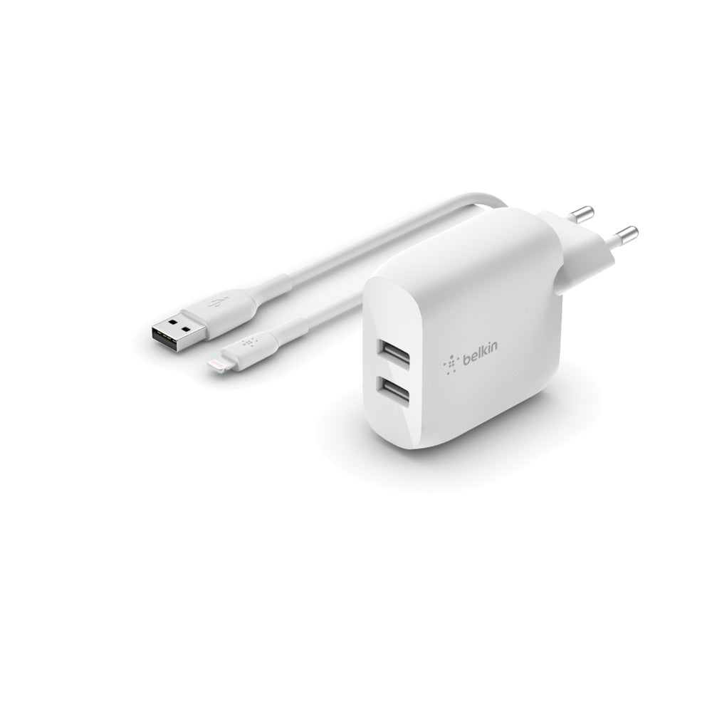 Belkin BOOST CHARGE - Adaptador de alimentação - 24 Watt - 2 conectores de saída (USB) - branco - para Apple iPad/iPhone/iPod (Lightning)