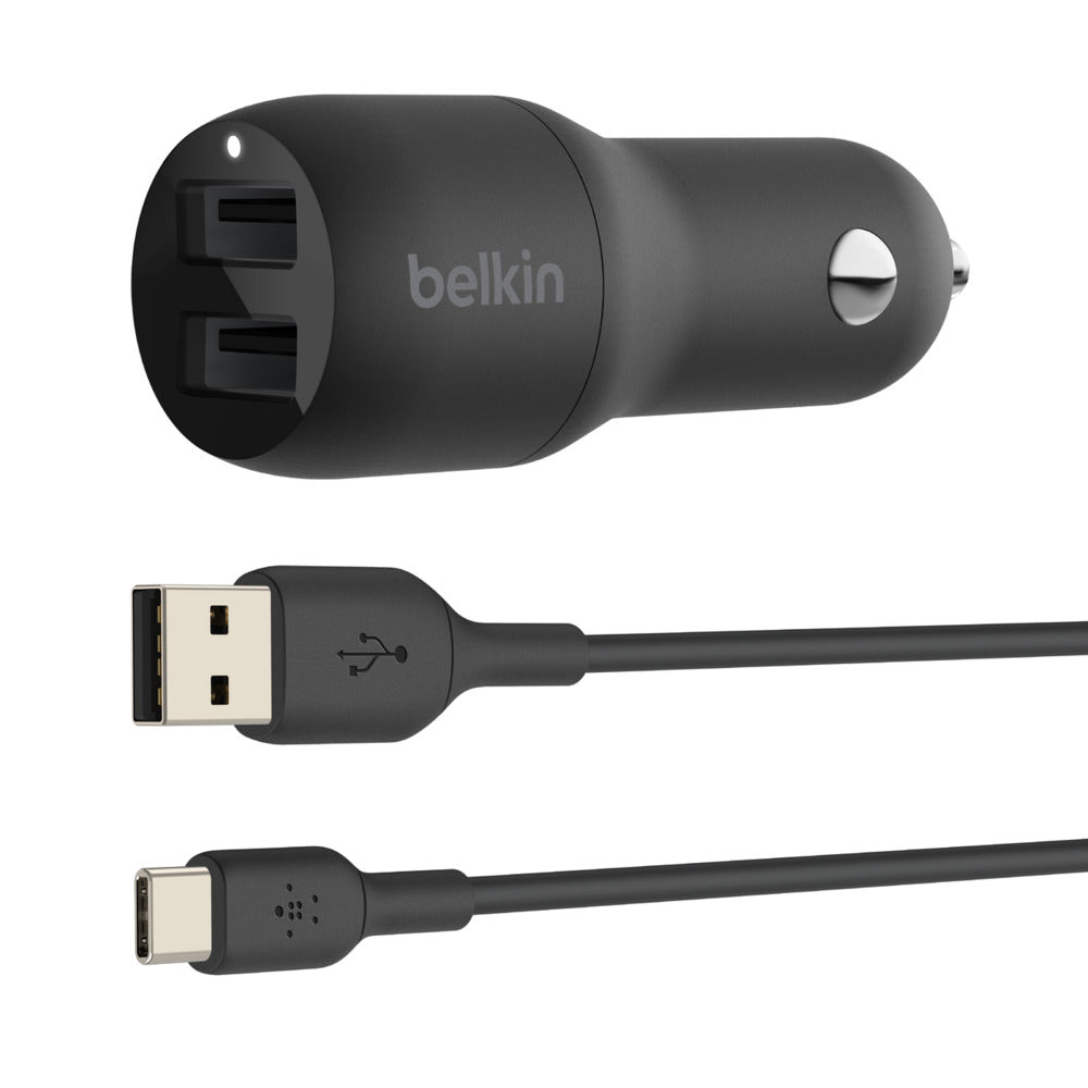 Cargador doble BOOST CHARGE de Belkin - Adaptador de corriente para coche - 24 W - 4,8 A - 2 conectores de salida (USB) - En cable: USB-C - Negro