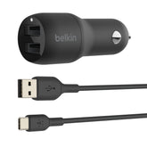 Belkin BOOST CHARGE Dual Charger - Car Power Adapter - 24 Watt - 4.8 A - 2 Output Connectors (USB) - On Cable: USB-C - Black