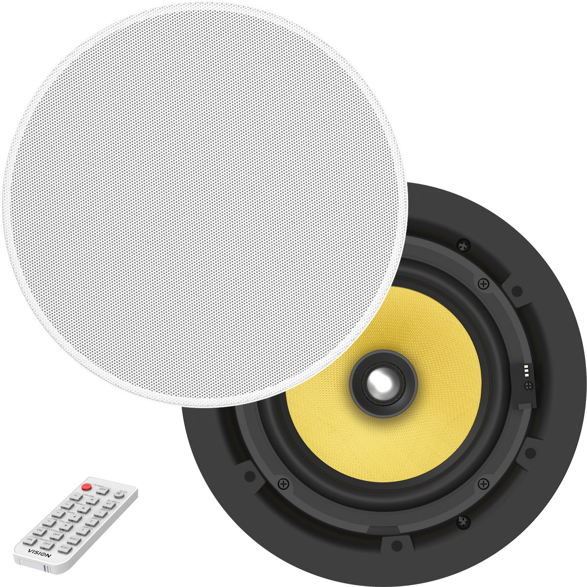 VISION Professional Pair Active 6.5" Ceiling Speakers - LIFETIME WARRANTY - 2 x 35w (RMS) - switch between modes: standalone pair, or multi-pair system - RS-232 - Bluetooth (renameable, set pin), minijack input - daisy-chain in/out - Remote control -