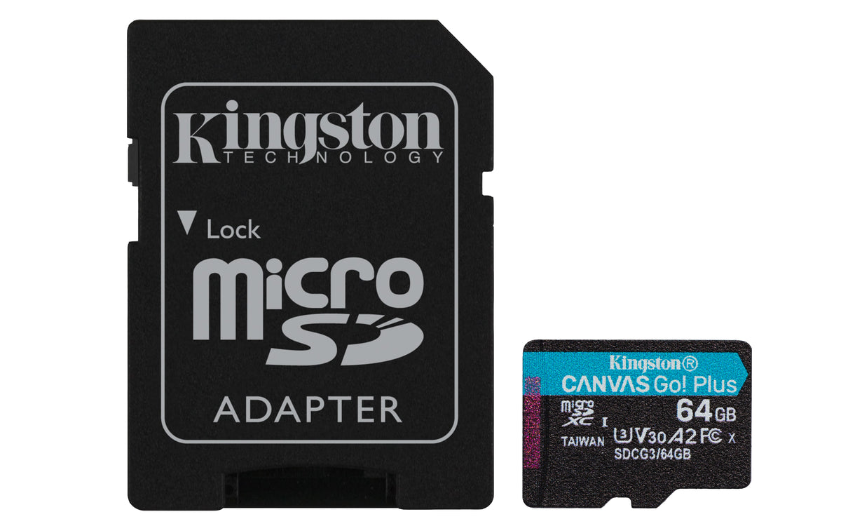 Kingston Canvas Go! Plus - Cartão de memória flash (adaptador microSDXC para SD Incluído) - 64 GB - A2 / Video Class V30 / UHS-I U3 / Class10 - microSDXC UHS-I