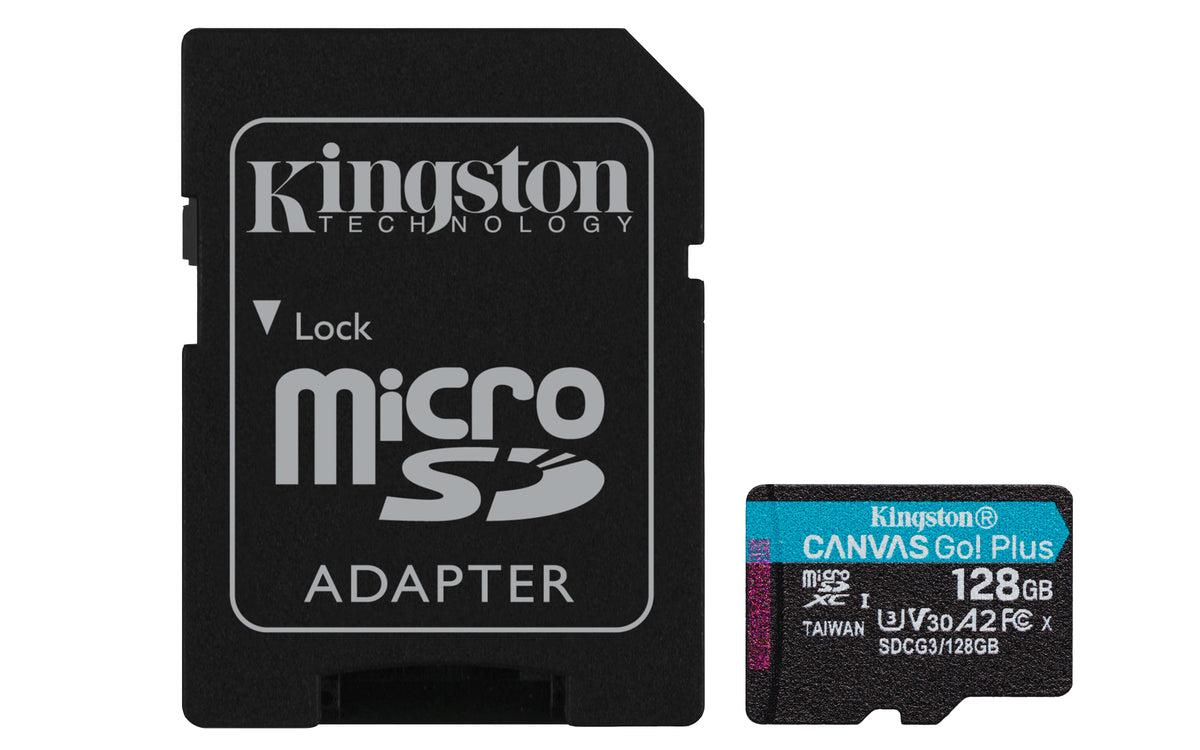 Lona de Kingston ¡Vamos! Plus - Tarjeta de memoria flash (adaptador microSDXC a SD incluido) - 128 GB - A2 / Video Class V30 / UHS-I U3 / Class10 - microSDXC UHS-I