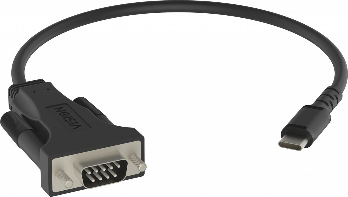 VISION Professional installation-grade USB-C to Serial RS-232 adapter - LIFETIME WARRANTY - works with mac and pc - installed as standard com port - 480 mbps - voltage to 5v - supports all data signals - USB-A 2.0 (M) to 9-Pin D-Sub (M) - driver on U