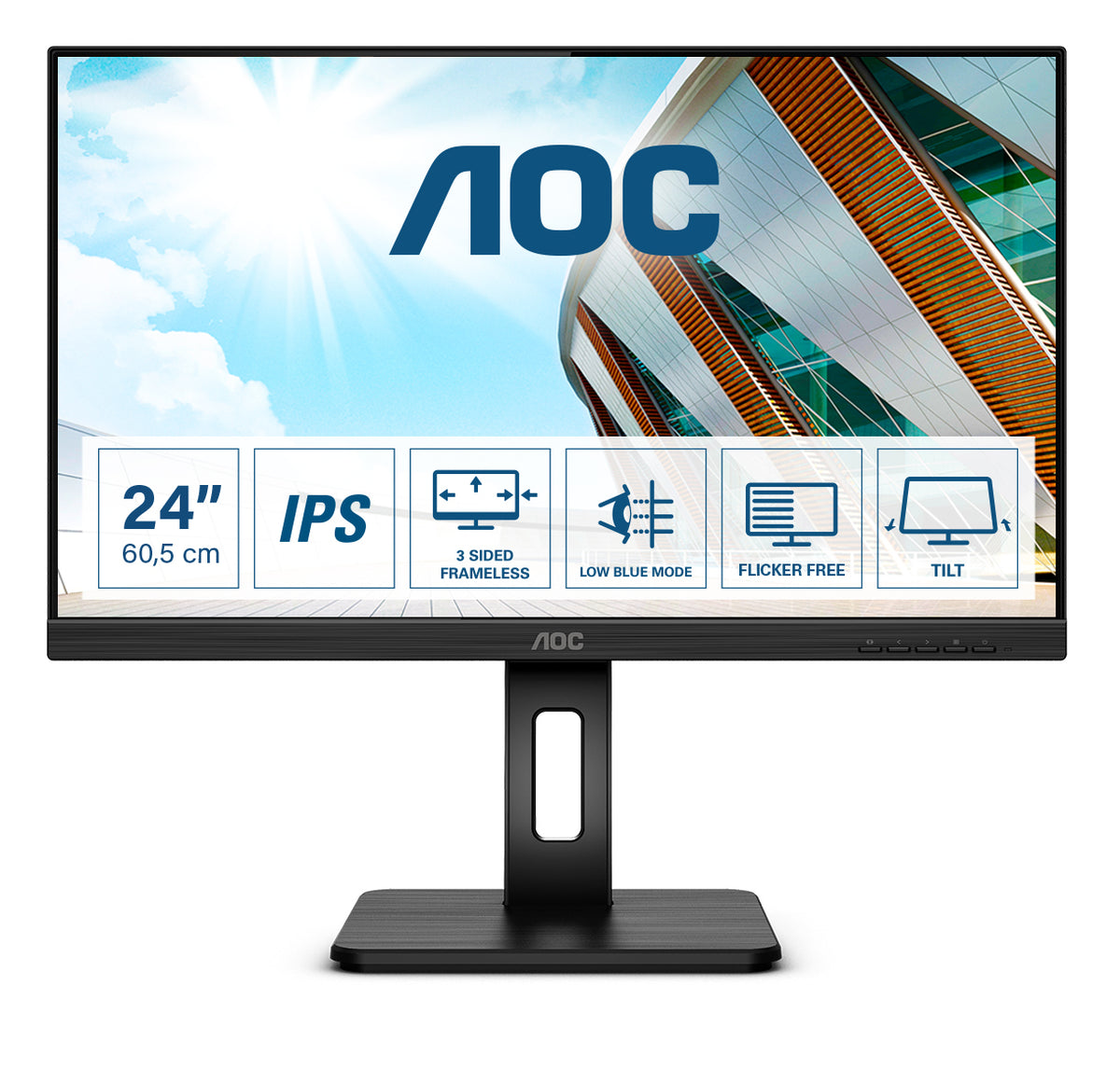 AOC 24P2Q - LED monitor - 24" (23.8" visible) - 1920 x 1080 Full HD (1080p) @ 75 Hz - IPS - 250 cd/m² - 1000:1 - 4 ms - HDMI, DVI, DisplayPort, VGA - speakers - black