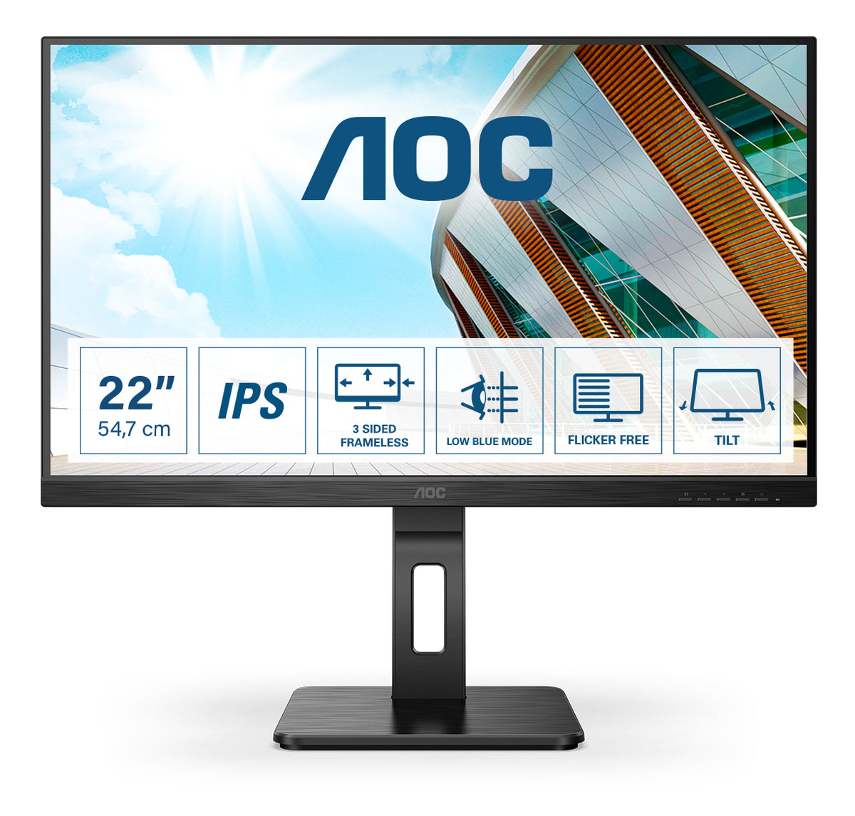 AOC 22P2Q - Monitor LED - 22" (21.5" visível) - 1920 x 1080 Full HD (1080p) @ 75 Hz - IPS - 250 cd/m² - 1000:1 - 4 ms - HDMI, DVI, 2xDisplayPort, VGA - altifalantes - preto