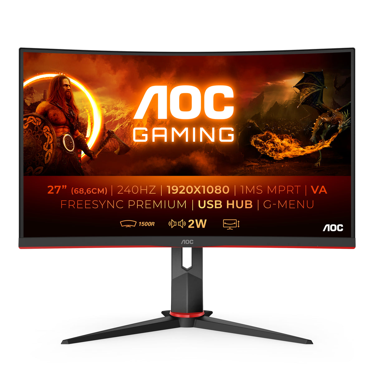 AOC Gaming C27G2ZU/BK - Monitor LED - gaming - curvo - 27" - 1920 x 1080 Full HD (1080p) @ 240 Hz - VA - 300 cd/m² - 3000:1 - 0,5 ms - 2xHDMI, DisplayPort - altavoces - negro, rojo