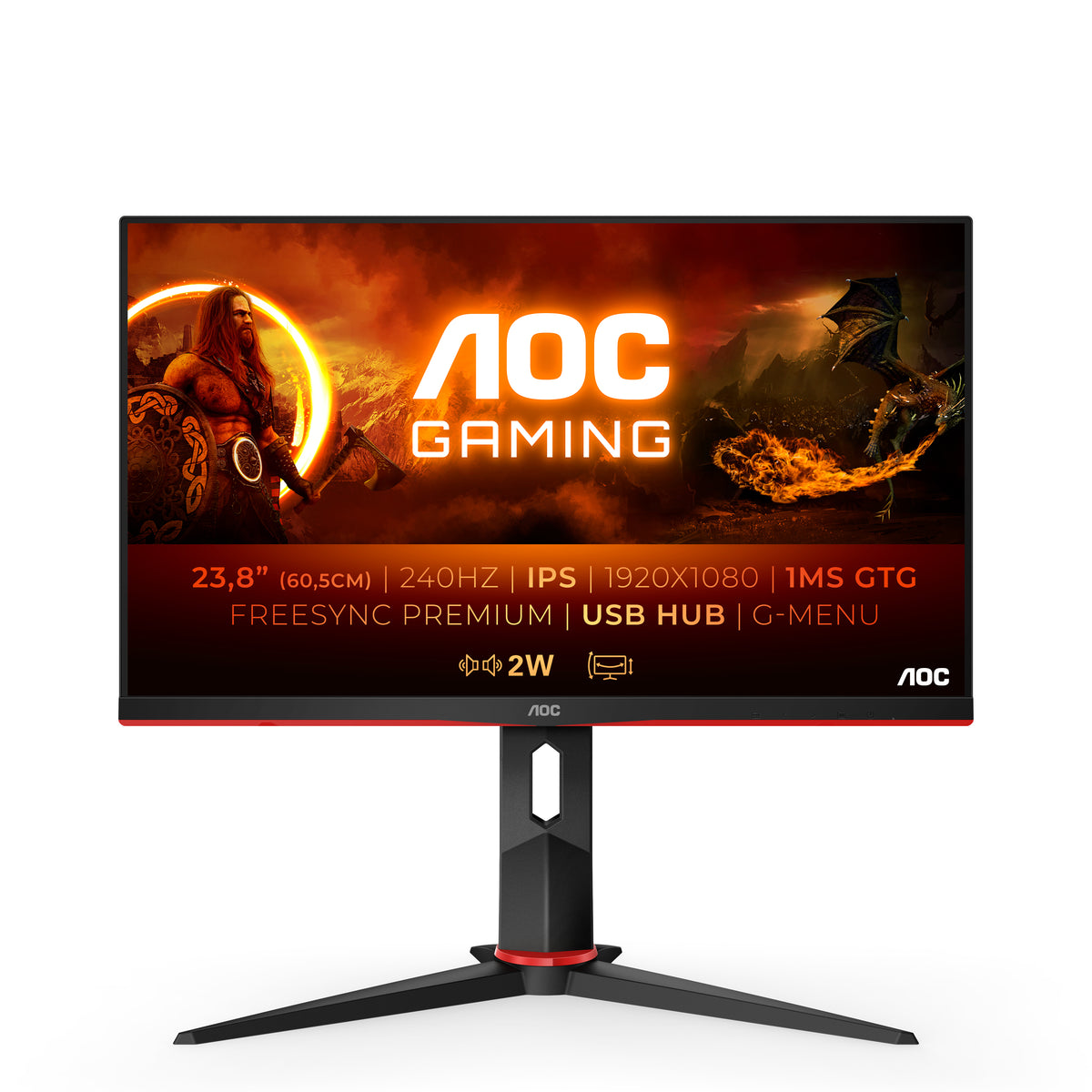 AOC Gaming 24G2ZU/BK - Monitor LED - gaming - 23.8" - 1920 x 1080 Full HD (1080p) @ 240 Hz - IPS - 350 cd/m² - 1000:1 - 0.5 ms - 2xHDMI, DisplayPort - altifalantes - preto, vermelho