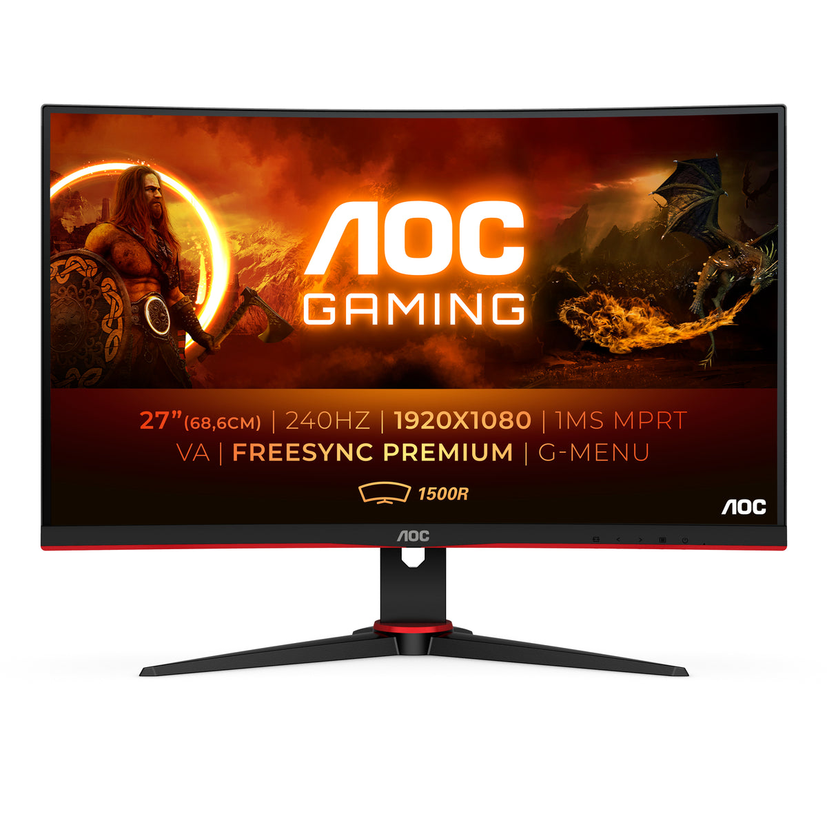 AOC Gaming C27G2ZE/BK - Monitor LED - gaming - curvo - 27" - 1920 x 1080 Full HD (1080p) @ 240 Hz - VA - 300 cd/m² - 3000:1 - 0,5 ms - 2xHDMI, DisplayPort - negro, rojo