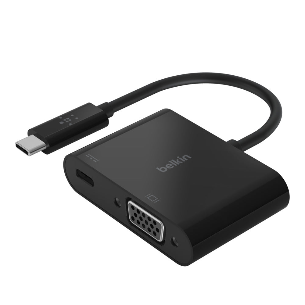 Belkin USB-C to VGA + Charge Adapter - Adaptador de vídeo - USB-C macho para HD-15 (VGA), USB-C (alimentação apenas) fêmea - preto - assistência 1080p, USB Power Delivery (60W)