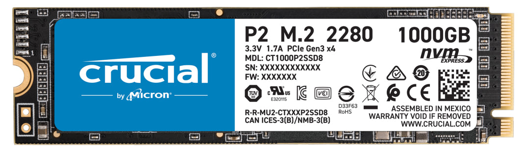 Crucial P2 - SSD - 1 TB - interna - M.2 2280 - PCIe 3.0 x4 (NVMe)