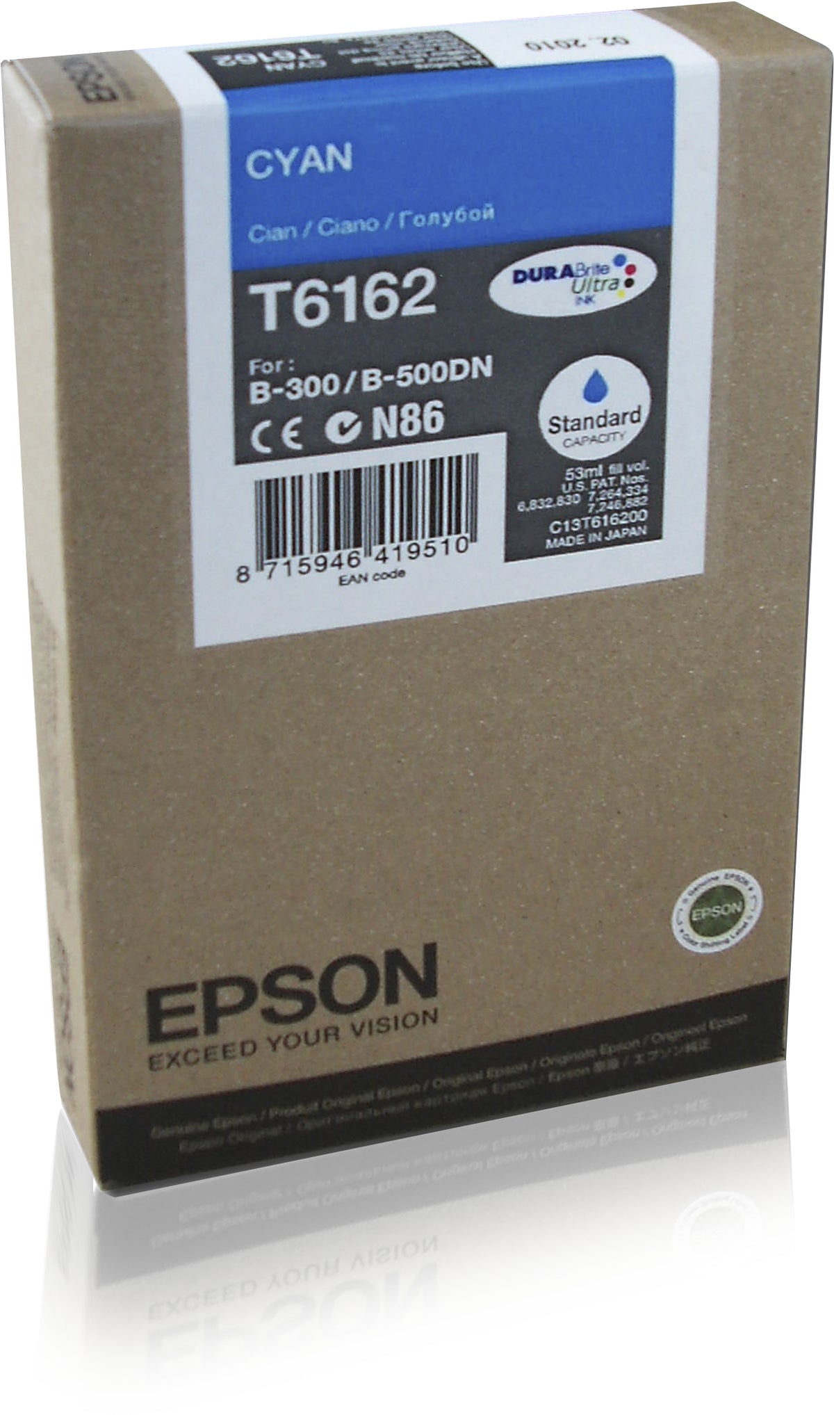 Epson T6162 - 53 ml - cyan blue - original - ink cartridge - for B 300, 310N, 500DN, 510DN