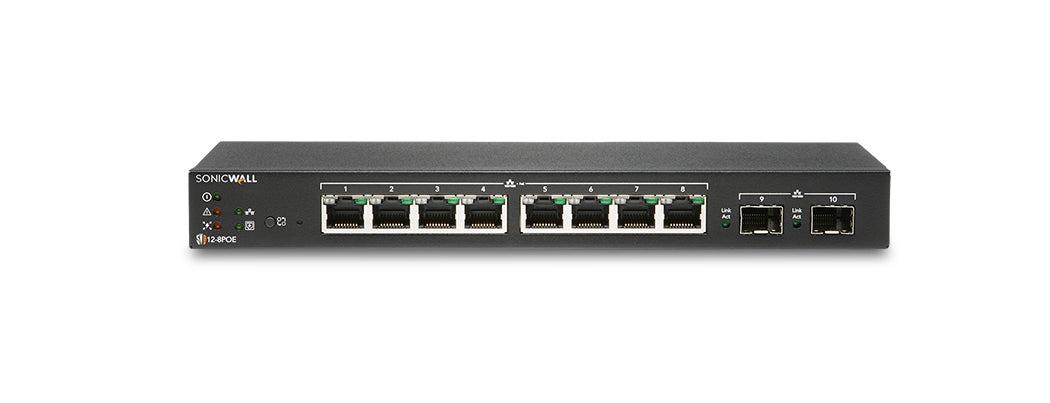 SonicWall Switch SWS12-8POE - Switch - Administrado - 8 x 10/100/1000 (PoE) + 2 x Gigabit SFP - escritorio - PoE (55W)