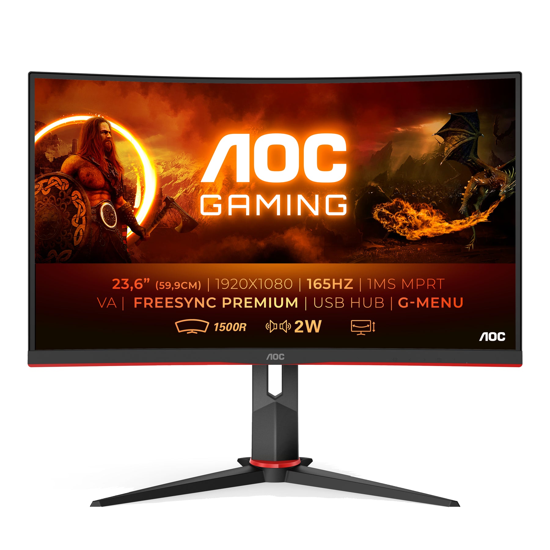 AOC Gaming C24G2U/BK - Monitor LED - gaming - 24" (23.8" visível) - 1920 x 1080 Full HD (1080p) @ 144 Hz - VA - 250 cd/m² - 1000:1 - 1 ms - 2xHDMI, VGA, DisplayPort - altifalantes - preto