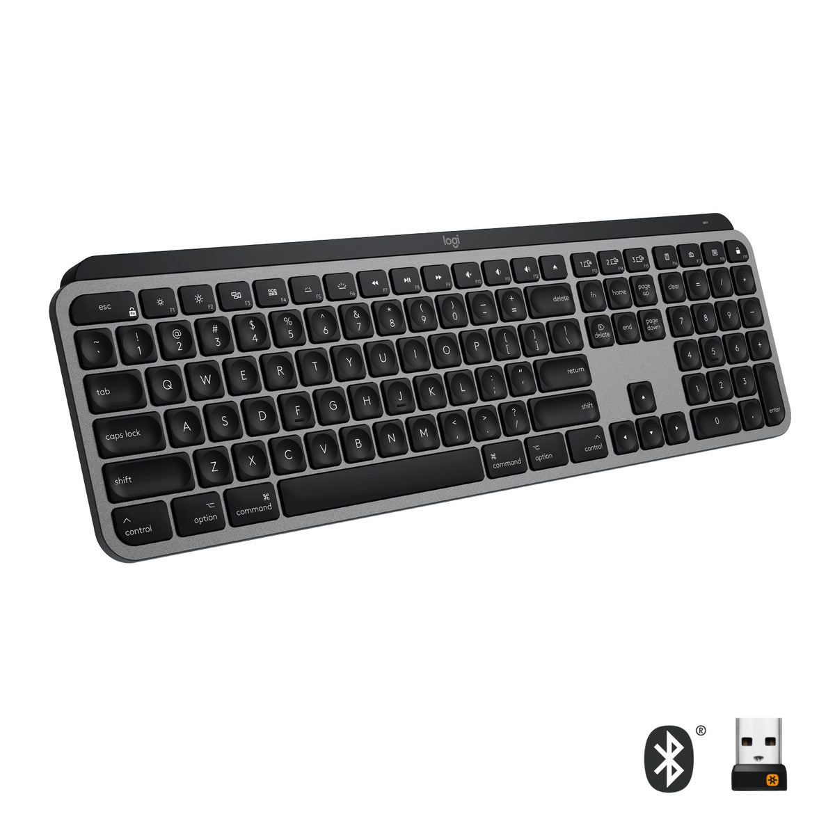 Teclas Logitech MX para Mac - Teclado - Retroiluminación - Bluetooth, 2,4 GHz - QWERTY - Estándar internacional de EE. UU. - Gris espacial - para Apple iPad de 10,2 pulgadas, iPad Air de 10,5 pulgadas, iPad Air de 10,9 pulgadas, iPhone 11, 12, 13, SI