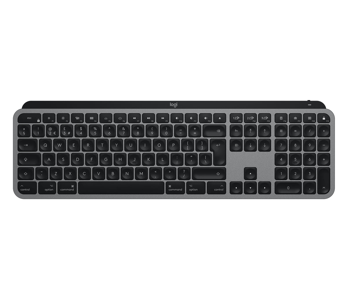 Teclas Logitech MX para Mac - Teclado - Retroiluminado - Bluetooth, 2.4GHz - QWERTY - Español - Gris espacial - para Apple iPad 10.2 pulgadas, iPad Air 10.5 pulgadas, iPad Air 10.9 pulgadas, iPhone 11, 12, 13, SE