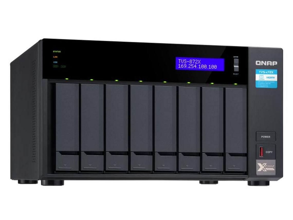 QNAP TVS-872X - NAS Server - 8 bays - SATA 6Gb/s - RAID (hard disk expansion) 0, 1, 5, 6, 10, 50, JBOD - RAM 8 GB - Gigabit Ethernet / 2.5 Gigabit Ethernet / 5 Gigabit Ethernet / 10 Gigabit Ethernet - iSCSI assistance