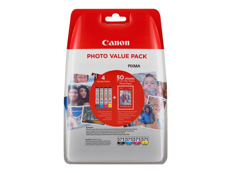 Canon CLI-571 C/M/Y/BK Photo Value Pack - Pack de 4 - 7 ml - preto, amarelo, azul cyan, magenta - original - 100 x 150 mm 50 folha(s) kit tinteiro / papel - para PIXMA