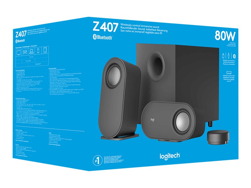 Logitech Z407 - Sistema de altifalante - para PC - canal 2.1 - sem fios - Bluetooth - USB - 40 Watt (Total) - grafite cinzento