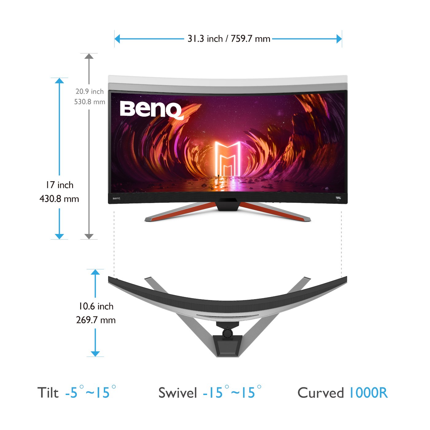 BenQ Mobiuz EX3410R - LED Display - curved - 34" - 3440 x 1440 UWQHD @ 144 Hz - VA - 350 cd/m² - 3000:1 - DisplayHDR 400 - 1 ms - 2xHDMI, DisplayPort - speakers with subwoofer